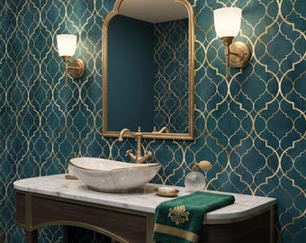 Papel pintado damasco acuarela verde azulado oscuro y amarillo, estampado geométrico, art déco, autoadhesivo o de vinilo tradicional.