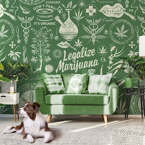 Green wallpaper with marijuana leaves, herbs, pharmaceuticals and symbols || self adhesive, peel and stick wall mural
