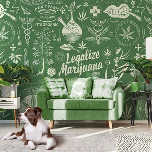 Green wallpaper with marijuana leaves, herbs, pharmaceuticals and symbols || self adhesive, peel and stick wall mural