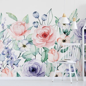 Aquarell-botanische Tapete, Blumenmuster, selbstklebend, abnehmbar, temporäres Abziehen und Aufkleben, florales Wandbild