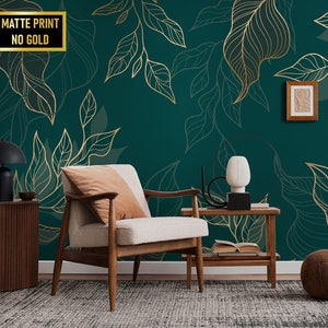 Carta da parati in stile Art Déco verde acqua scuro con foglie gialle • Materiali staccabili e incollabili *autoadesivi* o vinilici non incollati •