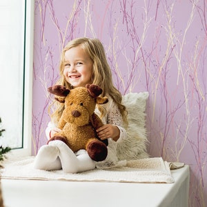 Pink wallpaper with abstract branches || For Kids, self adhesive, peel and stick wall mural