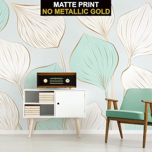 Carta da parati pastello Art Déco astratta bianca e verde menta con foglie non metalliche • Materiali staccabili e incollabili *autoadesivi* o vinilici non incollati •