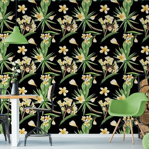 Black wallpaper with yellow exotic floral pattern || peel and stick floral wall mural