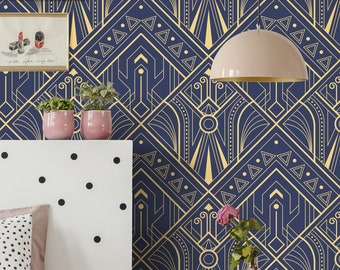 Patterned Diamond Geometric Blue & Yellow Art Deco Wallpaper • Peel and Stick *self adhesive* or Non-Pasted Vinyl Materials