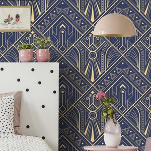 Gemusterte Art-Deco-Tapete mit geometrischem Rautenmuster in Blau und Gelb • Abziehen und Aufkleben *selbstklebend* oder nicht geklebte Vinylmaterialien