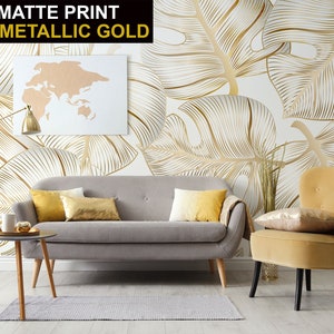 Weiße und gelbe Art-Deco-Tapete mit tropischen Monstera-Blättern • Abziehen und Aufkleben *selbstklebend* oder nicht geklebte Vinylmaterialien •