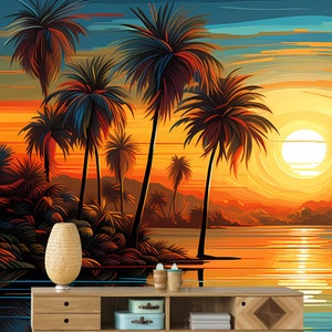 Vintage Sunset Wallpaper, Tropical Pattern, Palm Trees Wall Mural • Peel and Stick *self adhesive* or Non-Pasted Vinyl Materials
