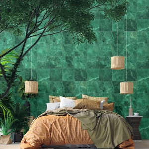 Emerald green marbled tile pattern wallpaper || self adhesive, peel and stick wall mural