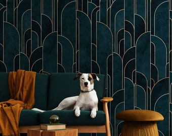 Dunkelblaugrüne Aquarelltapete mit geometrischem Art-Deco-Bogenmuster • Abziehen und Aufkleben *selbstklebend* oder nicht geklebte Vinylmaterialien •