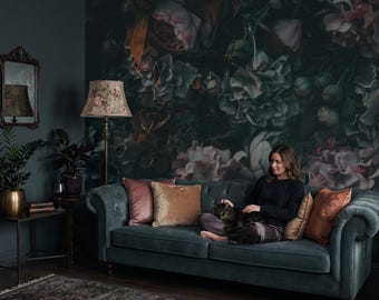 Dark vintage floral wallpaper, botanical wall mural, dark wall art, home decor, peel and stick *self adhesive* or traditional vinyl paper