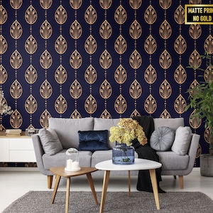 Oriental Feather Navy Wallpaper, Art Deco Peacock Feather Pattern • Peel and Stick *self adhesive* or Non-Pasted Vinyl Materials •