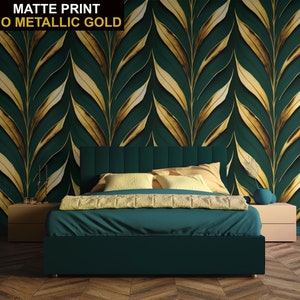 Carta da parati con foglie verde bottiglia e gialle, elegante murale Art Deco • Stacca e incolla *autoadesivo* o materiali vinilici non incollati •