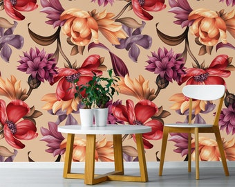 Wild colorful flowers wallpaper, self adhesive, removable, temporary peel and stick, floral wall mural