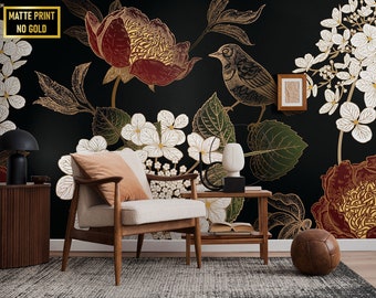 Dark wallpaper with peonies, hydrangea and birds || For Kids, self adhesive, peel and stick wall mural