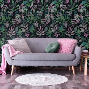 Watercolor Green and Pink Botanical Leaf Pattern Wallpaper • Peel and Stick *self adhesive* or Non-Pasted Vinyl Materials •