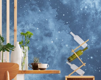 Blue wallpaper with stars and stardust, self adhesive, peel and stick wall mural