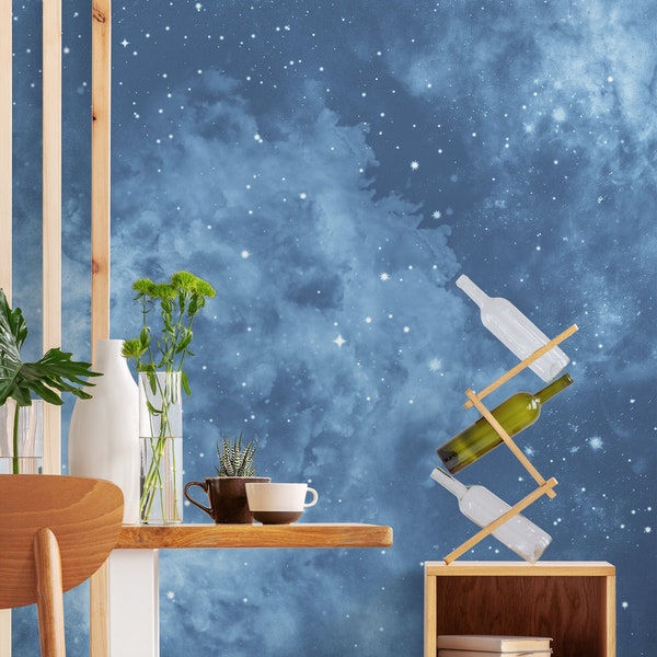 Blue wallpaper with stars and stardust, self adhesive, peel and stick wall mural