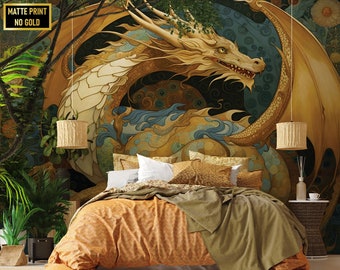 Papier peint abstrait dragon jaune chinois, motif asiatique, créature mythique • Décollez et collez *auto-adhésif* ou matériaux en vinyle non collés •