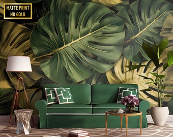 Green & Yellow Monstera Leaves Wallpaper, Tropical Wall Mural • Peel and Stick *self adhesive* or Non-Pasted Vinyl Materials •