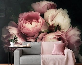 Photo wallpaper with dusky pink peonies, self adhesive, peel and stick floral wall mural