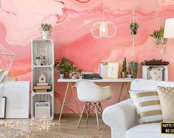 Pink Marble Wallpaper, Abstract Pink Wavy Wall Mural • Peel and Stick *self adhesive* or Non-Pasted Vinyl Materials