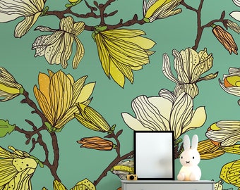 Mint green wallpaper with yellow floral pattern || For Kids, self adhesive, peel and stick wall mural