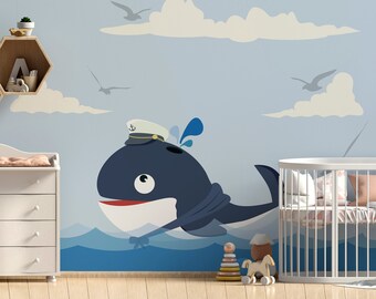 Wallpaper with cute whale in sea || For Kids, self adhesive, peel and stick wall mural