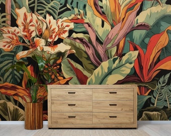 Tropical Plants Vintage Abstract Wallpaper, Botanical Wall Mural • Peel and Stick *self adhesive* or Non-Pasted Vinyl Materials