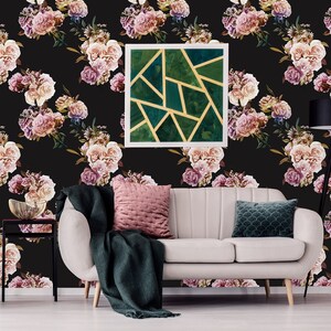 Black Wallpaper with rose and peony bouquet pattern, self adhesive, peel and stick wall mural