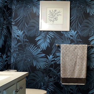 Dark blue palm and monstera leaf wallpaper, self adhesive, removable, temporary peel and stick, floral wall mural