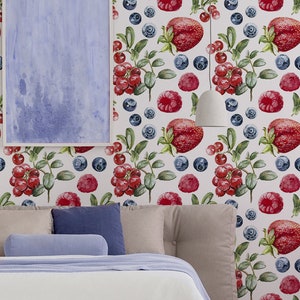 Watercolor wallpaper with forest berries || peel and stick floral wall mural