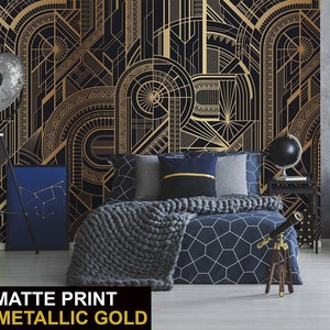 Carta da parati con motivi geometrici art deco scuri e gialli opachi (senza effetti lucidi), autoadesiva, murale stacca e incolla