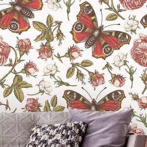 Rose & butterfly pattern wallpaper || self adhesive, peel and stick wall mural