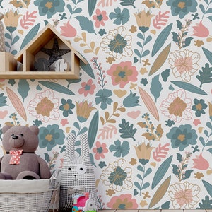 Blue, pink and orange floral pattern wallpaper || For Kids, self adhesive, peel and stick wall mural