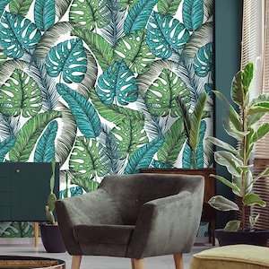 Tapete mit Bananen- und Monsterablättern, Blattdruck, botanisches Muster, selbstklebend, abnehmbar, temporäres Abziehen und Aufkleben, Wandbild