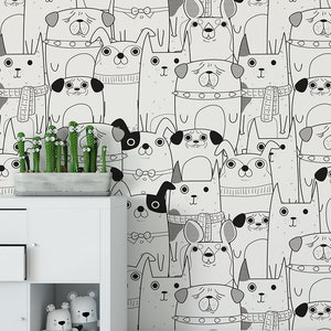 Black and white wallpaper with funny dogs || For Kids, self adhesive, peel and stick wall mural