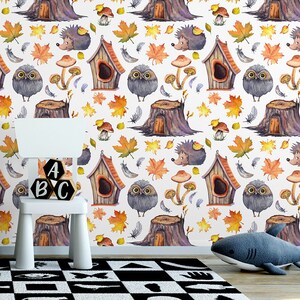 Watercolor wallpaper with hedgehog and owl || For Kids, self adhesive, peel and stick wall mural