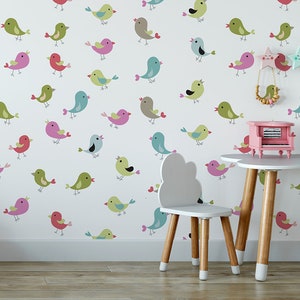 Papel pintado blanco con pajaritos de colores || Para niños, mural de pared autoadhesivo, despegable y pegado.