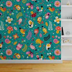 Blue wallpaper with colorful cartoon floral and animal pattern || For Kids, self adhesive, peel and stick wall mural