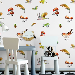 Behang met slak-, vogel-, kikker-, blad- en paddenstoelmotief || Voor kinderen, zelfklevend, verwijderbaar en plakbaar fotobehang