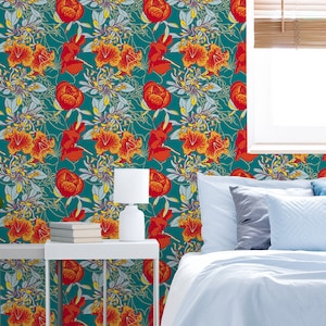 Blue wallpaper with red blooming lily and peony, self adhesive, peel and stick wall mural