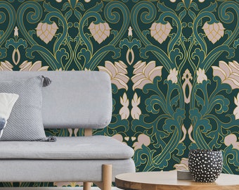 Matte green art deco rose pattern wallpaper, self adhesive, peel and stick floral wall mural