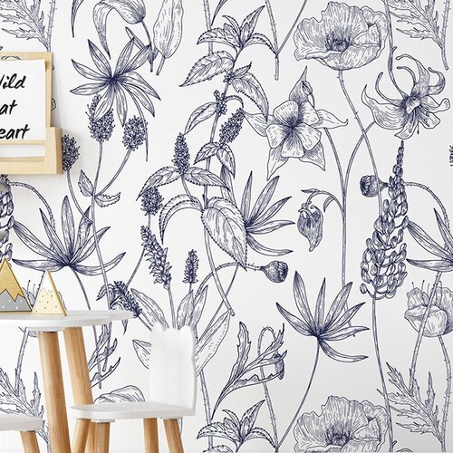 White Wallpaper With Navy Floral Pattern for Kids Self Etsy
