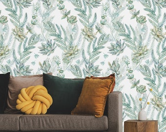 Watercolor wallpaper with green and blue leaf pattern, self adhesive, peel and stick floral wall mural