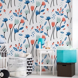 Papier peint blanc à motif tulipes rouges et bleues || Pour les enfants, papier peint auto-adhésif, décollez et collez