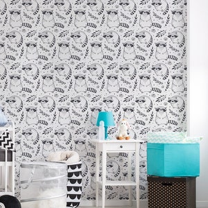 White wallpaper with navy raccoon pattern wallpaper || For Kids, self adhesive, peel and stick wall mural