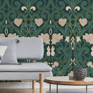 Matte green art deco rose pattern wallpaper, self adhesive, peel and stick floral wall mural