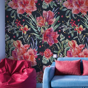 Watercolor wallpaper with red exotic flowers and leaves, self adhesive, peel and stick floral wall mural