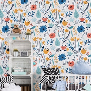 Elegant cartoon blue, yellow and red floral pattern wallpaper || For Kids, self adhesive, peel and stick wall mural